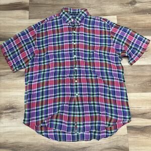 Vintage Ralph Lauren Shirt Mens XL Blake 100% Linen Madras Plaid Pony Short Slee